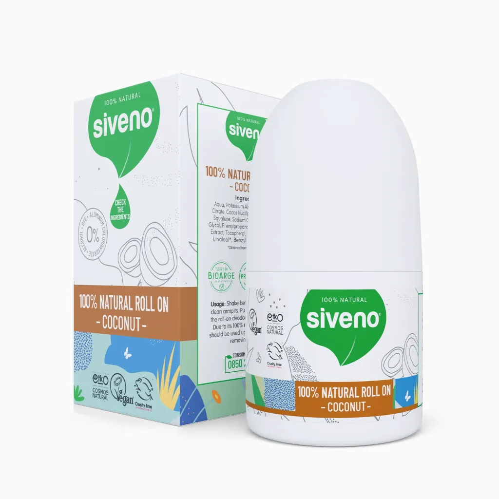 Siveno Natural Roll-On Coconut Deodorant, Vegan Herbal Formula, 50 ml